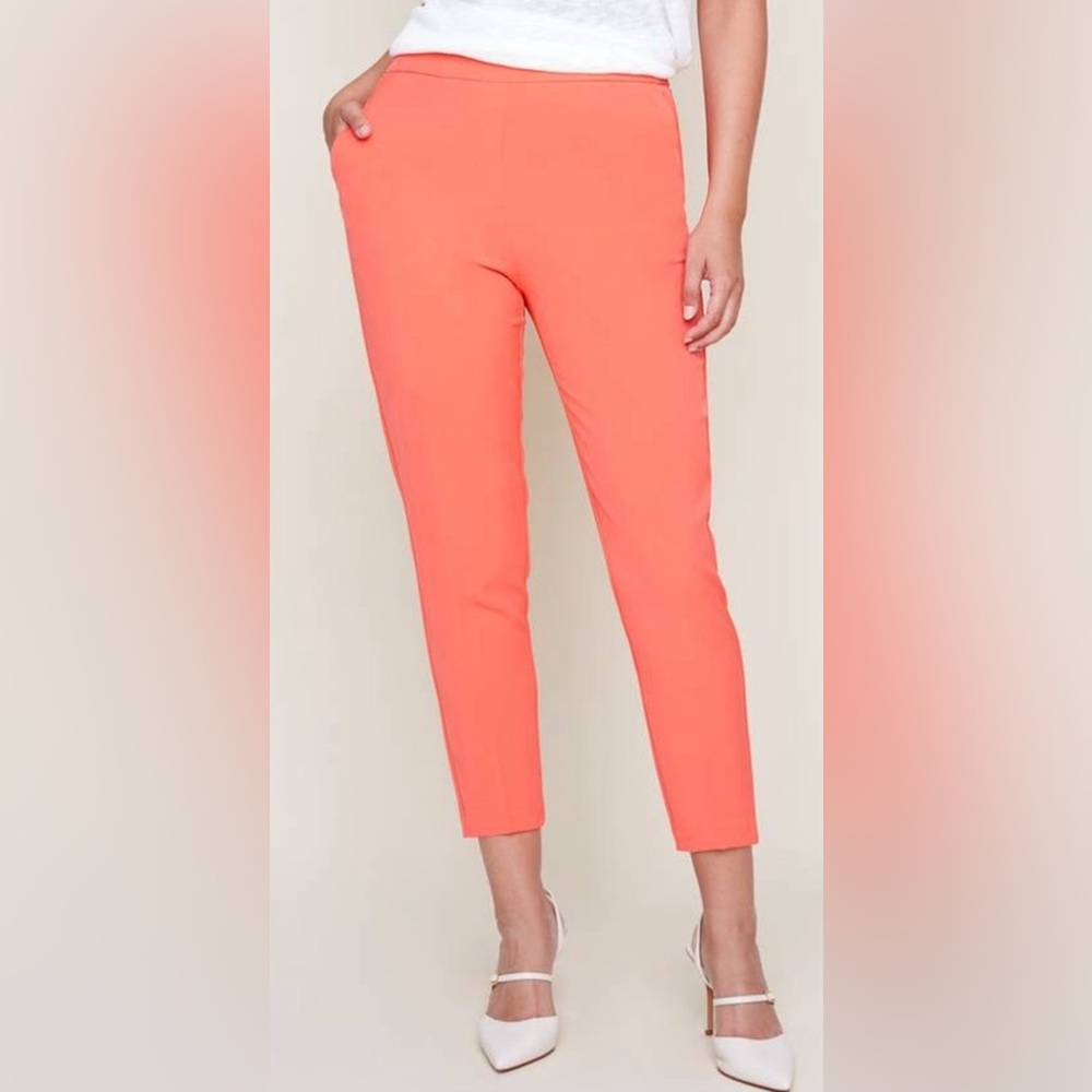 Pull on cropped pants with side slits. Fabric soft.  Pretty coral color.
